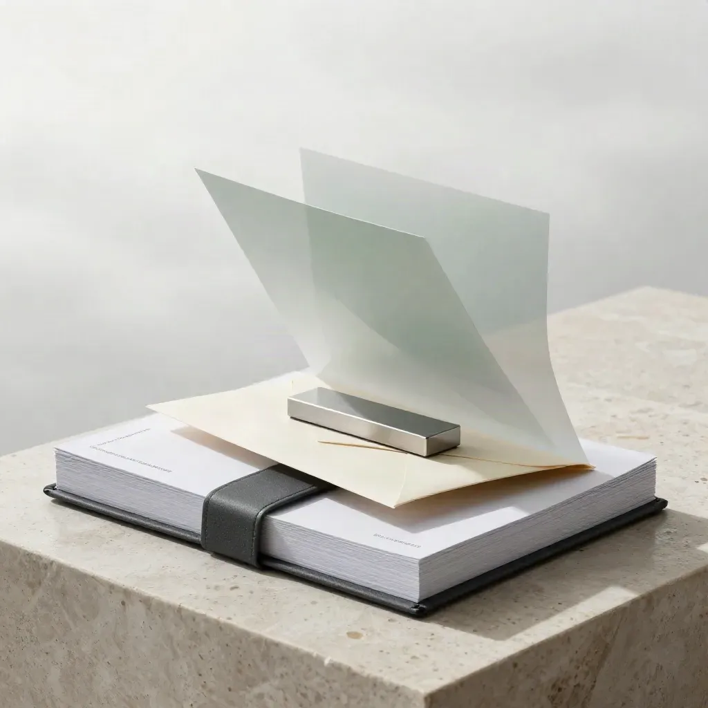 Charcoal foresight pack with report stack, overlays, envelope and silver paperweight on pale stone.