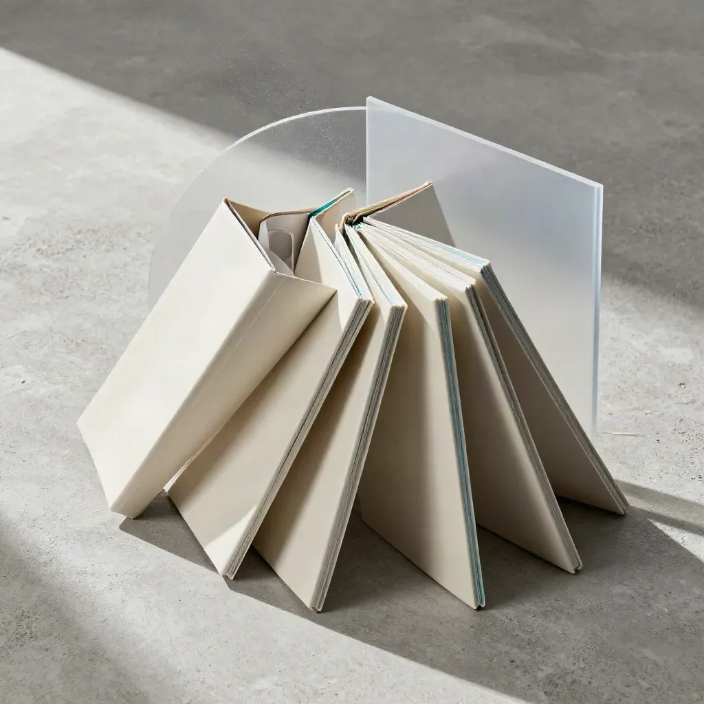 Three ivory scenario volumes with a frosted ring on pale concrete, shot diagonally with cyan accents.
