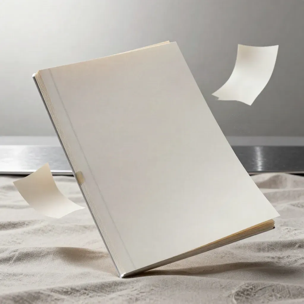 Pale foresight folio suspended with a silver ring and two drifting paper fragments.
