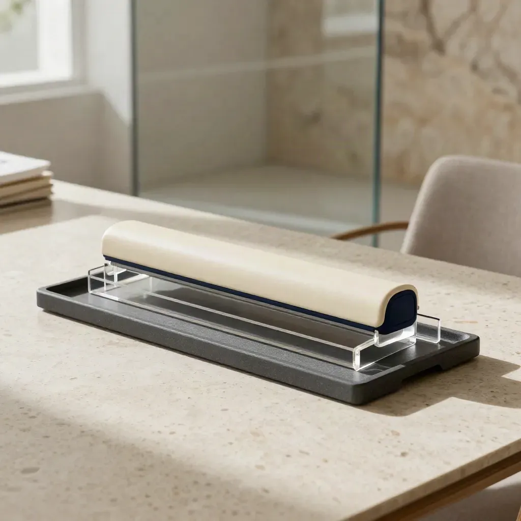 Ivory strategy bundle with acrylic dividers on travertine in soft daylight