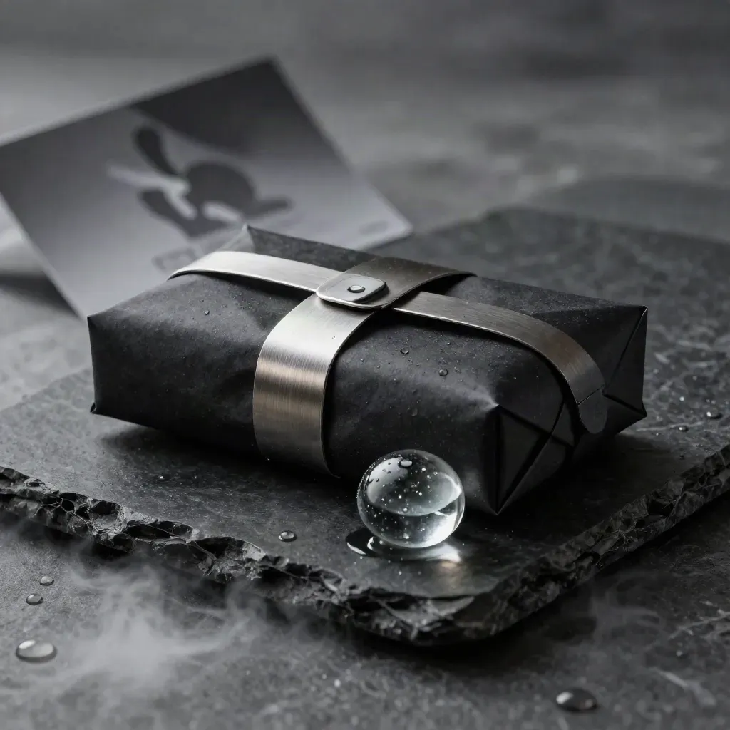 Black risk-scan bundle with aluminum tab and glass pebble on a wet matte-black plinth, lit with cool rim light.