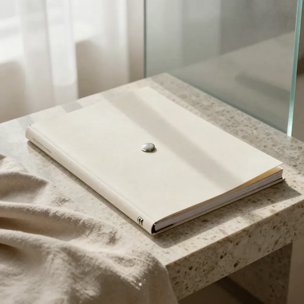 Linen-sleeved strategy brief with metal clip and stone disk resting in soft cream fabric.