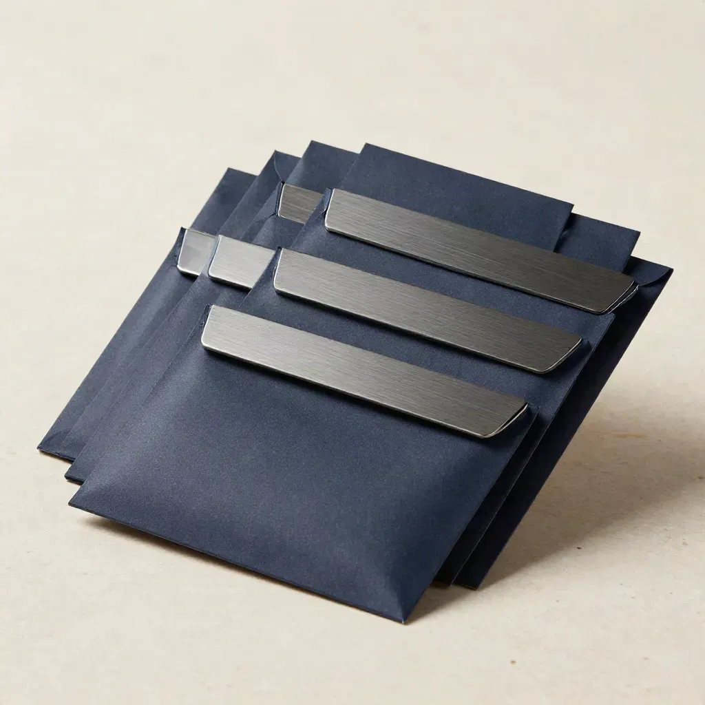 Charcoal envelopes, brushed clips and translucent tabs on pale travertine, softly lit.