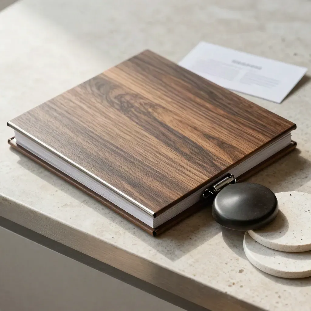 Macro of a briefing folio, ceramic puck, and stone coasters on travertine.