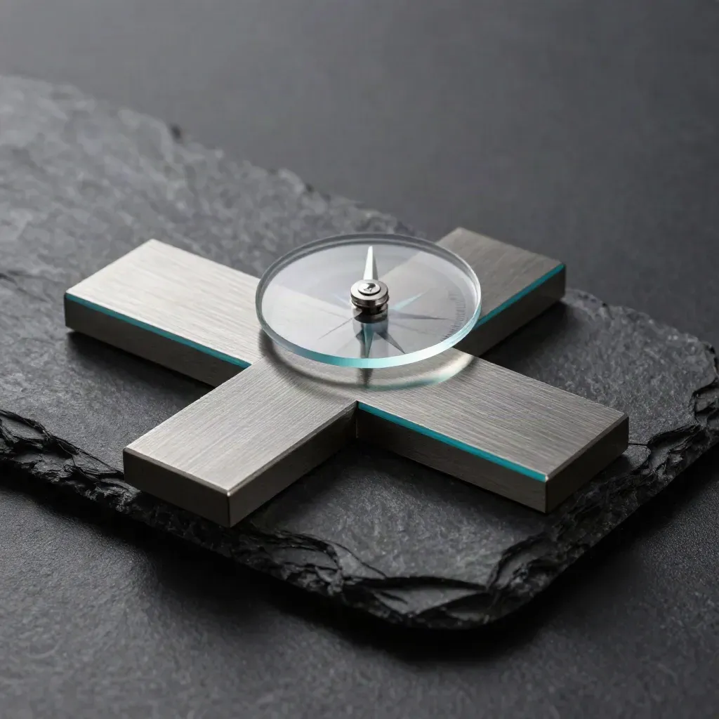 Macro of crossing map tiles with a translucent compass disc on wet stone, lit with cyan rim glow.