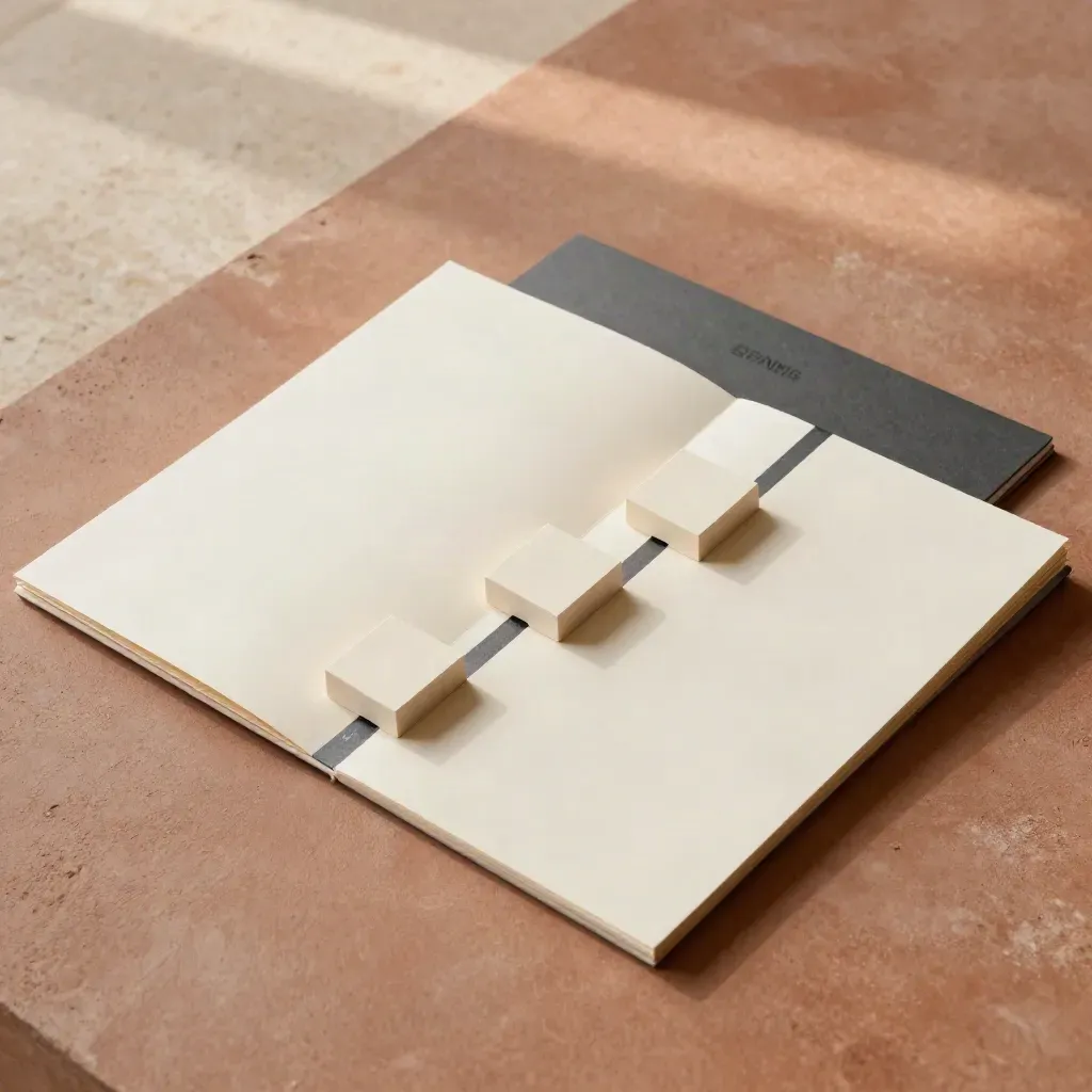 Overhead roadmap flatlay with ivory board, stepping blocks and graphite strip on terracotta slab.