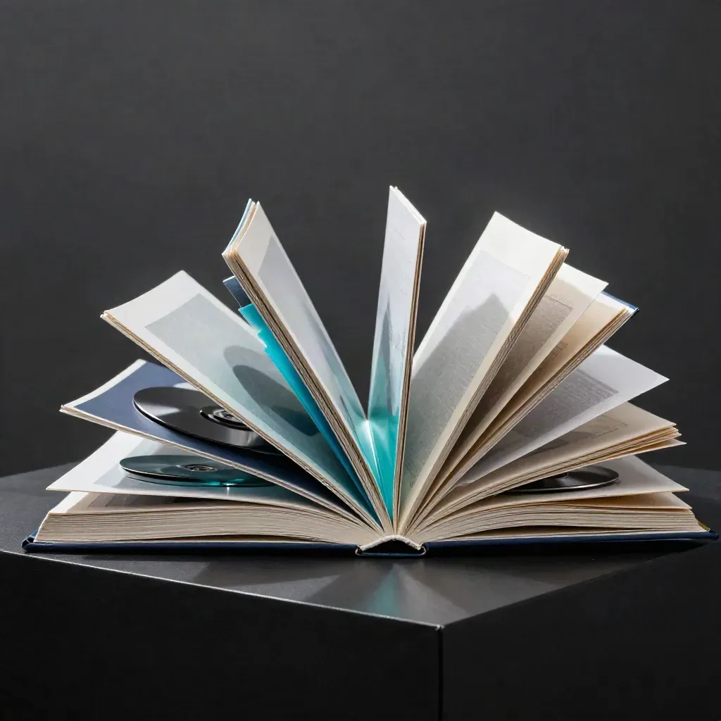 Three cyan scenario folios and chrome discs burst across a matte-black studio surface.