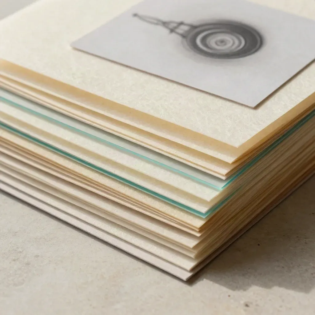 Macro folio with vellum layers, rice-paper sleeves and ceramic chips on pale travertine.