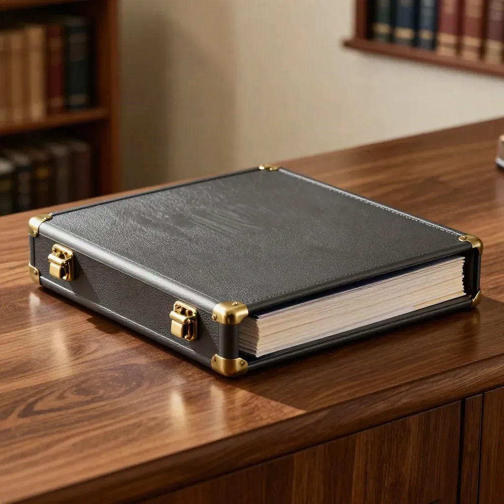 Charcoal CFO risk pack binder case ajar on walnut console with brass clasp and tabbed dividers.