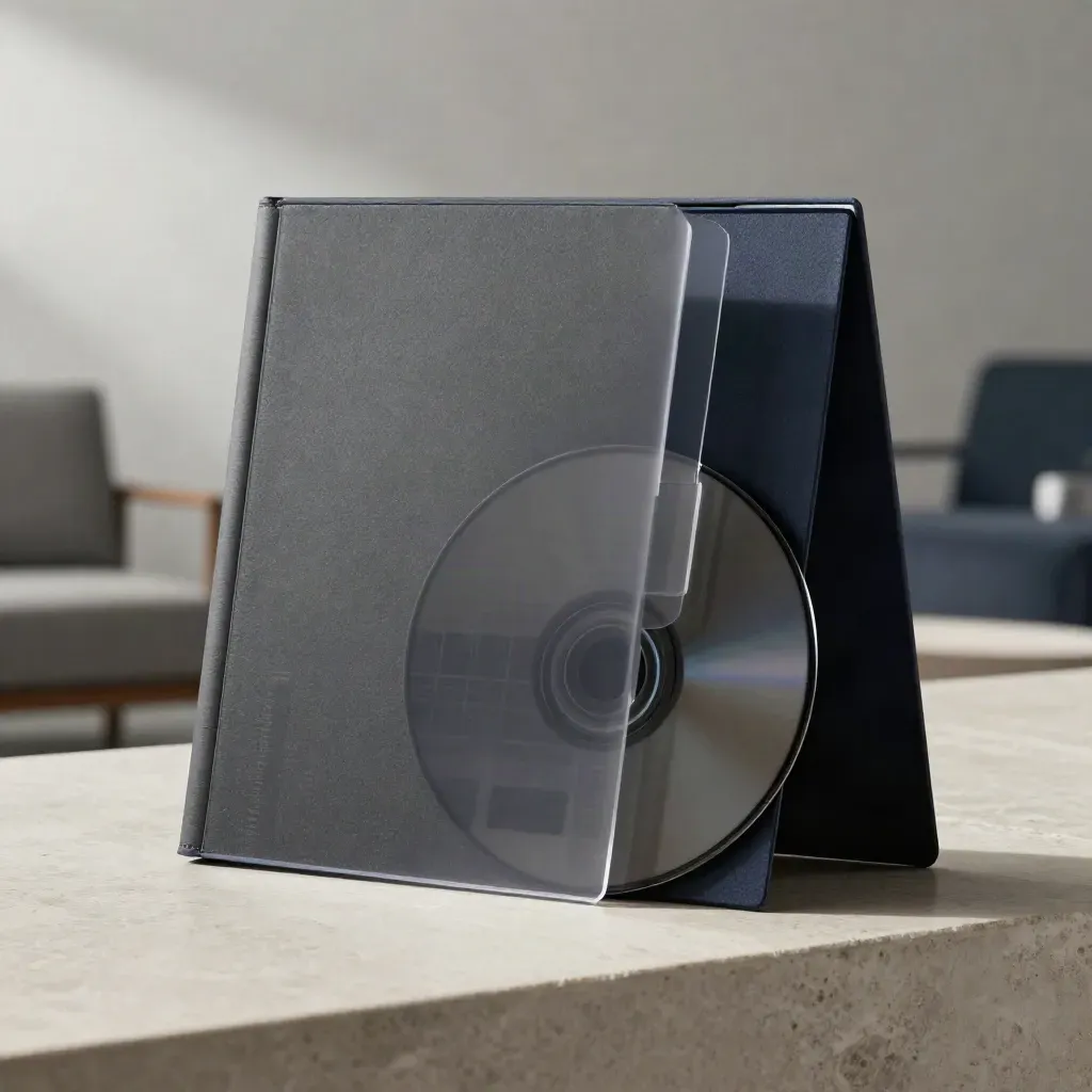 Charcoal cyber risk folio with shield sheet and ceramic disc on a stone ledge