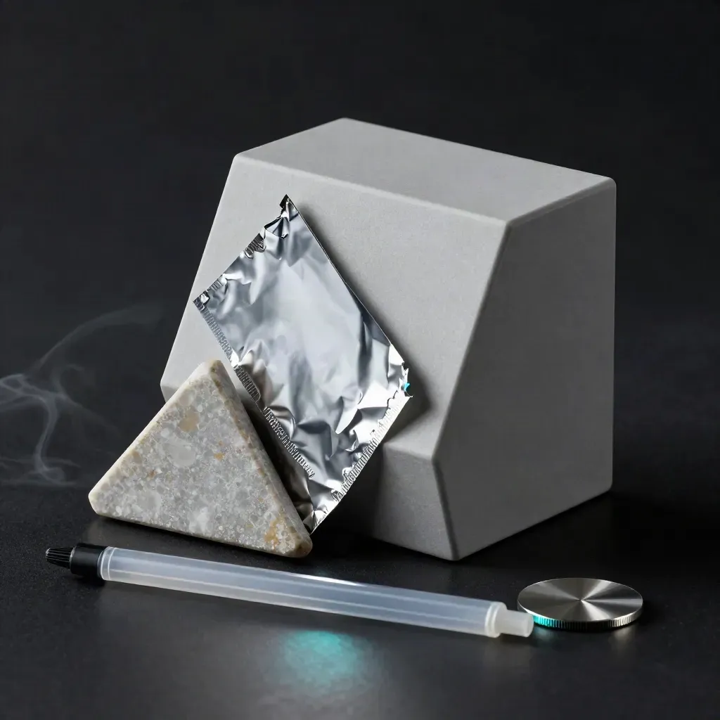 Gray report cube with foil sheets, stone wedge, and cyan highlights on a dark surface.
