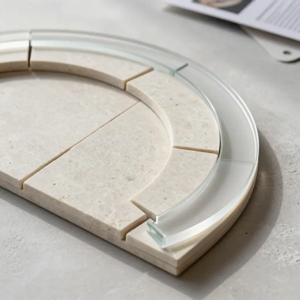 Overhead macro of pale tiles and a frosted ring forming a retail demand arc on matte glass.