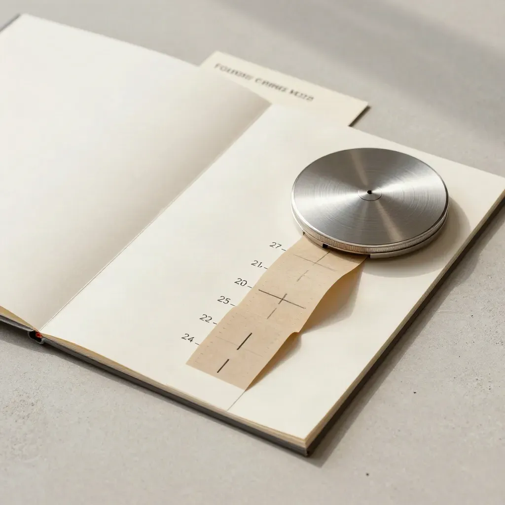 Overhead flatlay of a cream folio, silver disc, and folded timeline strips on pale concrete.