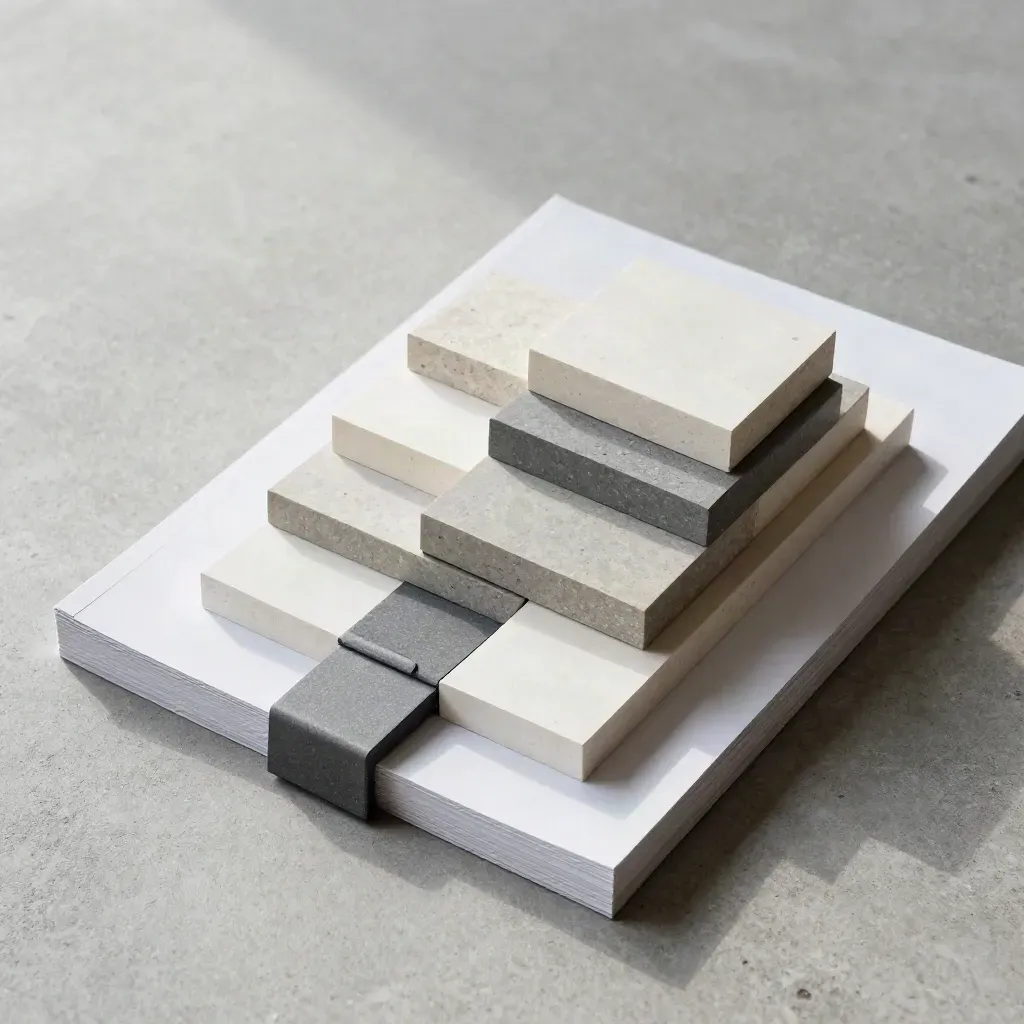 Overhead flatlay of stepped paper blocks, stone clip, graphite strip on pale concrete.