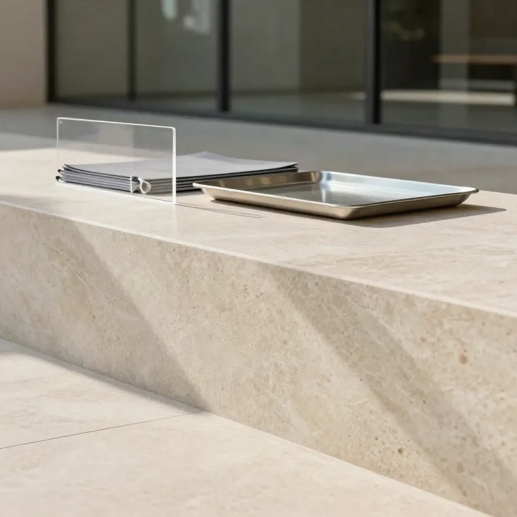Travertine terrace edge with silver presentation folios in a sunlit atrium.