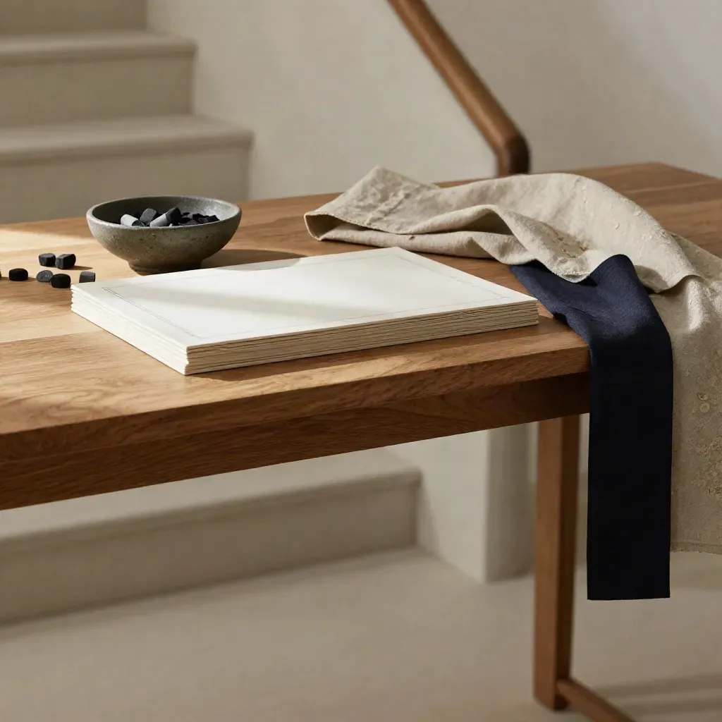 Scenario workshop materials on an oak ledge in soft daylight, with a blurred stair landing behind.