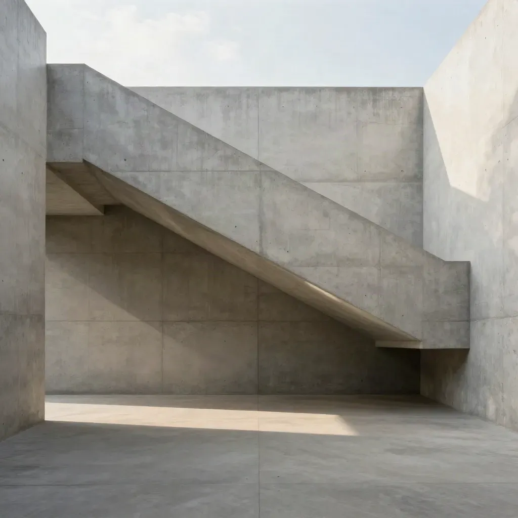 Concrete passage with cantilevered stair opening to a bright sky seam and drifting dust.