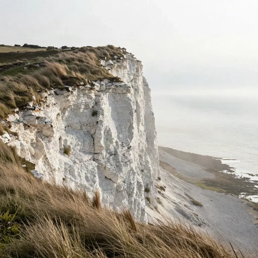 Chalk coast bluff above a misty sea, grasses in wind, calm open foreground